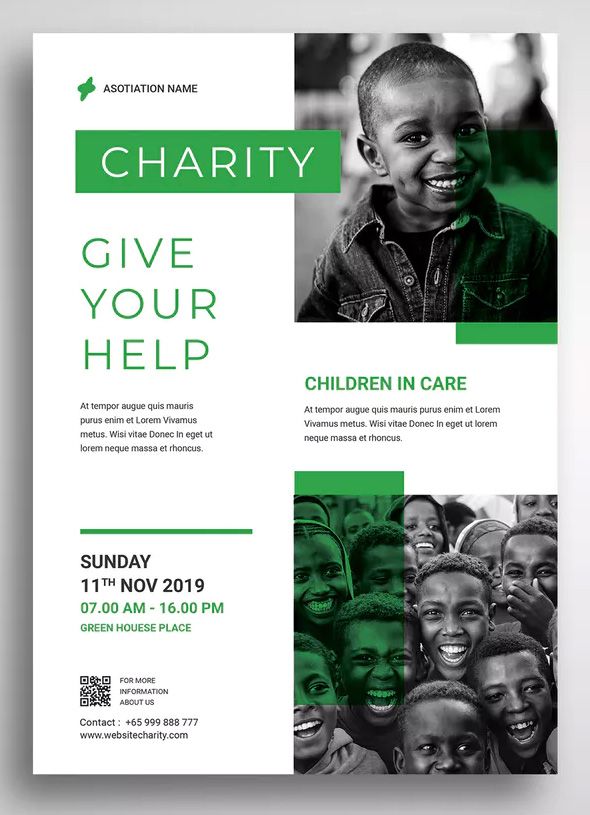 a green and white charity flyer for children in care with an image of the child's face