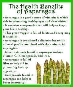 the health benefits of asparagus are shown in this green poster with white lettering