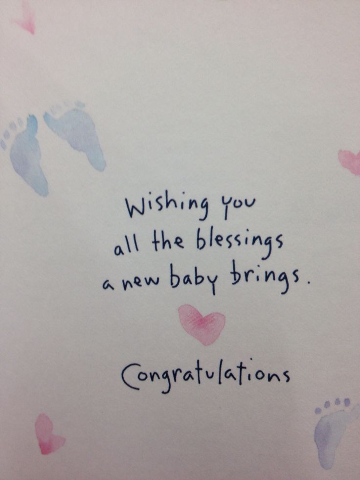 a card with baby footprints and congratulations written in blue ink on white paper, which reads wishing you all the blessings a new baby brings