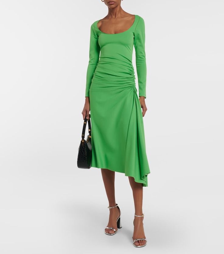 Ruched Midi Dress in Green - Marni | Mytheresa Spring Dresses With Ruched Sides In Elastane, Spring Dresses With Ruched Sides, Fitted Ruched Midi Dress, Elegant Cocktail Midi Dress With Ruched Sides, Ruched Viscose Dress For Cocktail, Chic Ruched Midi Dress For Formal Occasions, Chic Ruched Midi Dress For Formal Events, Chic Midi Dress With Ruched Sides, Chic Ruched Maxi Dress