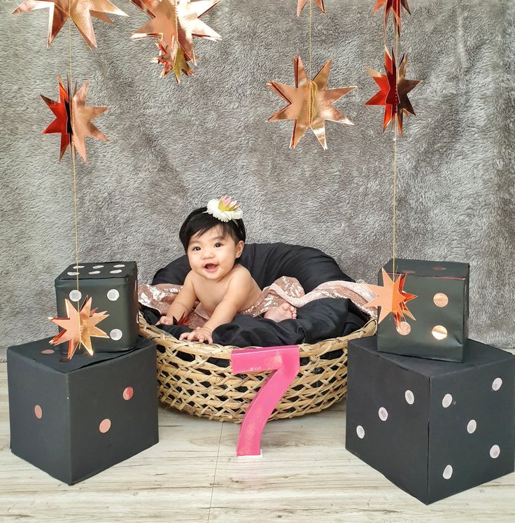 a baby sitting in a basket surrounded by stars and other decorations for a photo shoot