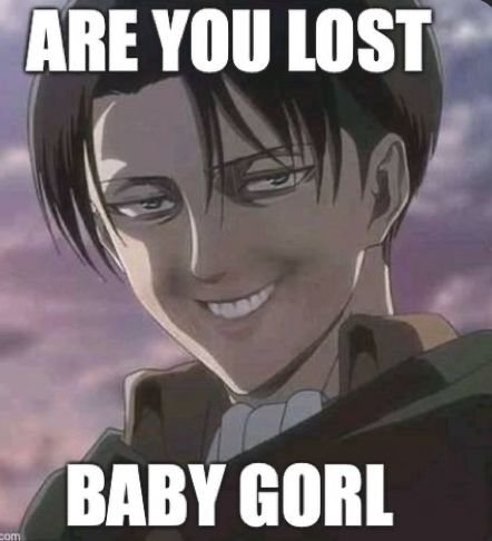 an anime character smiling with the caption that says, are you lost baby gol?