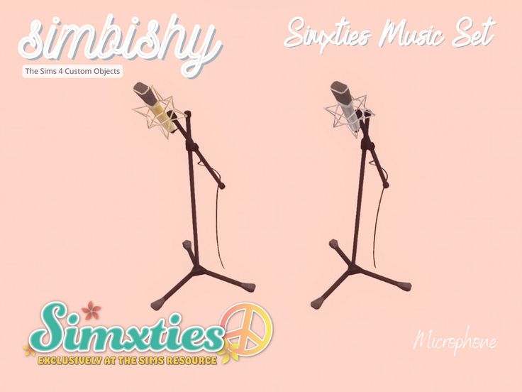 two microphone stands are shown with the words simlishy and another music set in front of them