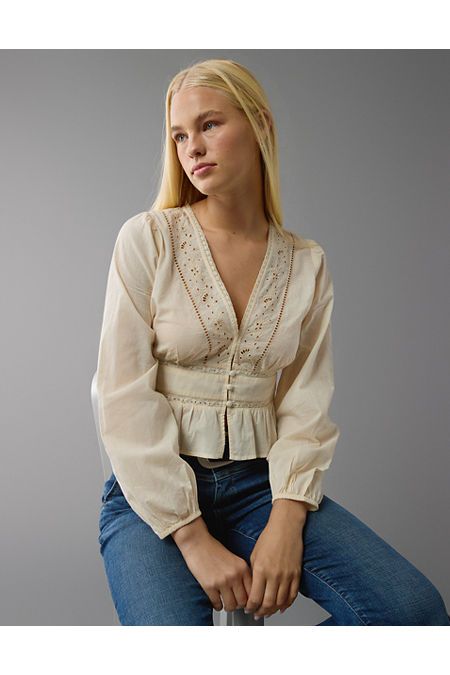 V-neckline with embroidery/Long sleeves/Peplum hem Casual V-neck Top With Embroidered Sleeves, Casual V-neck Blouse With Embroidered Sleeves, Fall V-neck Blouse With Embroidered Sleeves, Cotton V-neck Blouse With Embroidered Hem, Chic Cotton Embroidered V-neck Top, Fitted V-neck Embroidered Top For Spring, Elegant Embroidered Cotton V-neck Top, Chic V-neck Embroidered Cotton Top, Casual V-neck Blouse With Embroidered Hem