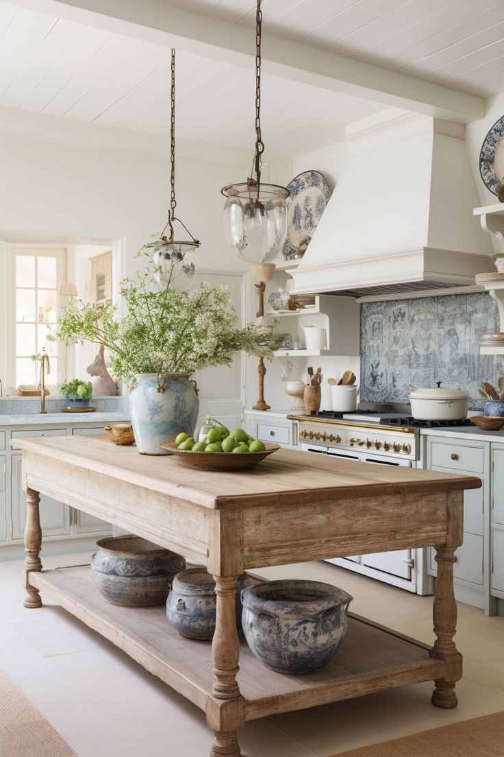 Farmhouse Living - Cottage Kitchen Design - Blue Toile Tile Backsplash - Natural Wood Antique Island - French Country - Designer - Kitchen Design - Blue Kitchen Backsplash - Vintage Tile Rustic Kitchen Cabinets, Farmhouse Interior Design, Decor Shabby Chic, French Country Kitchen, French Kitchen, Kitchen Cabinet Colors, Cottage Kitchen, Farmhouse Living, Beautiful Kitchens