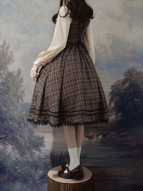 ❤Forest Brown Check Belt V-Neck Dress❤︎ Brown Cosplay Dress, Kawaii Brown Outfit, Fall Cottagecore Dress With Doll Collar, Cottagecore V-neck Dress With Ruffles, Country Lolita, School Dresses, Coffee Colour, V Neck Dress, Green And Brown