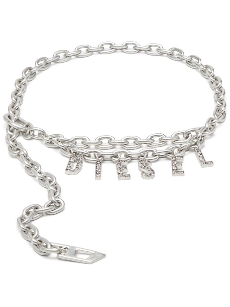 silver-tone crystal embellishment logo charm letter charm chain-link detailing silver-tone hardware clasp fastening adjustable fit Belts Aesthetic, Charm Belt, Belt Buckle Jewelry, Chrome Accessories, Expensive Jewelry Luxury, Girly Bags, Silver Belts, Charm Chain, Letter Charm