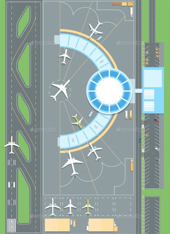 an aerial view of the airport with planes and runways - buildings objects illustrations on separate layers