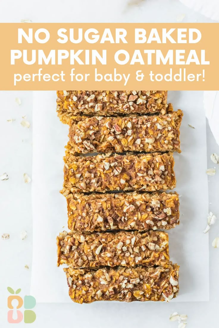 no sugar baked pumpkin oatmeal bars stacked on top of each other with text overlay