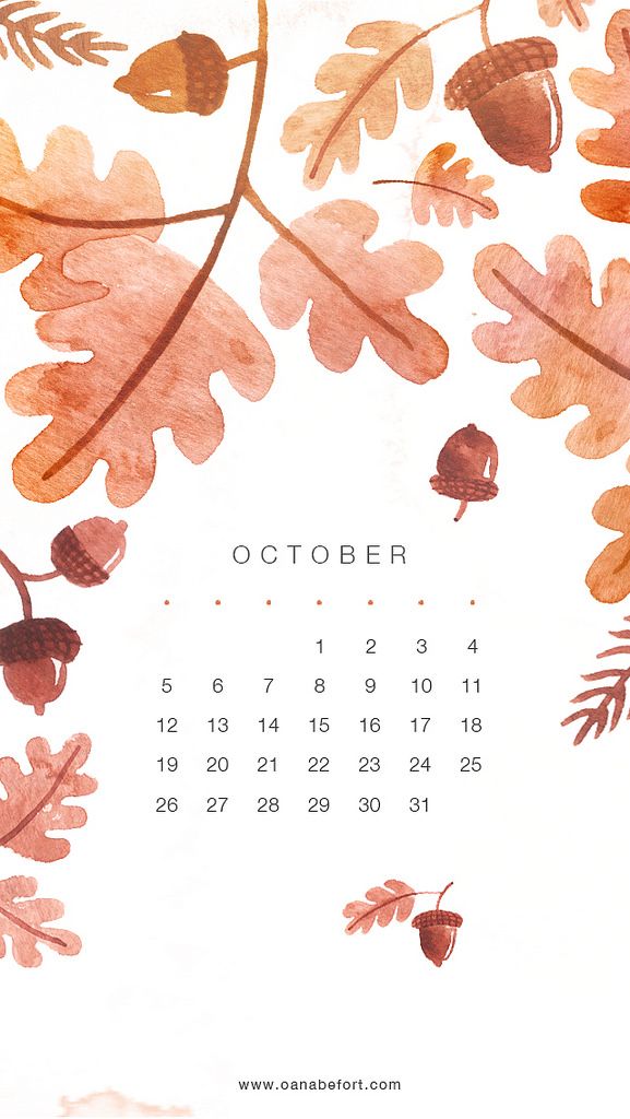 an october calendar with watercolor leaves and acorns