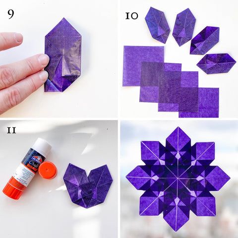 four pictures showing how to make origami snowflakes with purple paper and glue