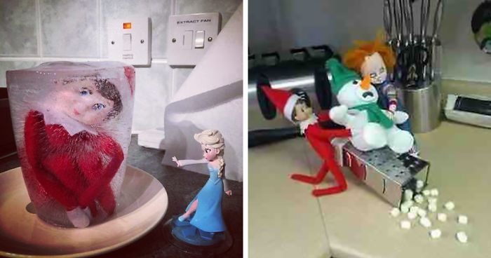 there are two pictures one has an elf and the other has snowmen