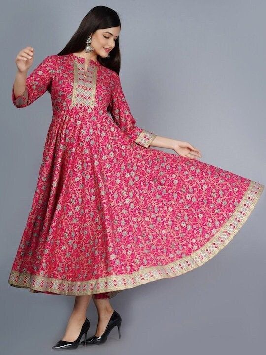 Pink & Golden Ethnic Motifs Printed Anarkali Kurti For Women, Indian Dress, Indo Western Dress, Anarkali Dress, Indian Gown, Kurta, Fusion VitansEthnics Ankle-length Printed Motifs Salwar Kameez, Floral Print Long Sleeve Anarkali Set For Festivals, Long Sleeve Floral Anarkali Set For Festivals, Transitional Floral Print Kurta, Festival Floral Print Long Sleeve Anarkali Set, Festive Long Sleeve Floral Anarkali Set, Fitted Anarkali Kurta With Floral Print, Fitted Floral Print Anarkali Salwar Kameez, Bohemian Long Sleeve Anarkali Set With Zari Work