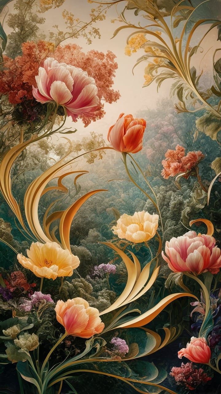 an artistic painting with flowers in the foreground