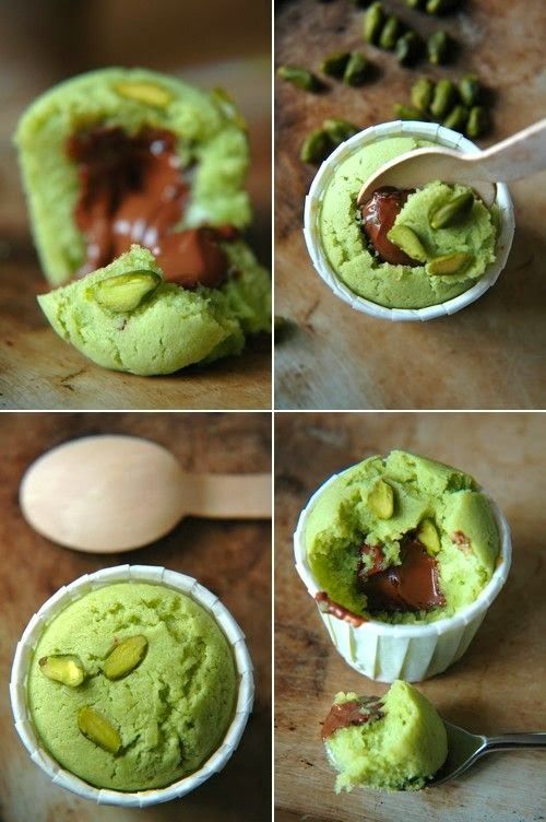 four pictures showing how to make green ice cream with pistachio and pistachio seeds