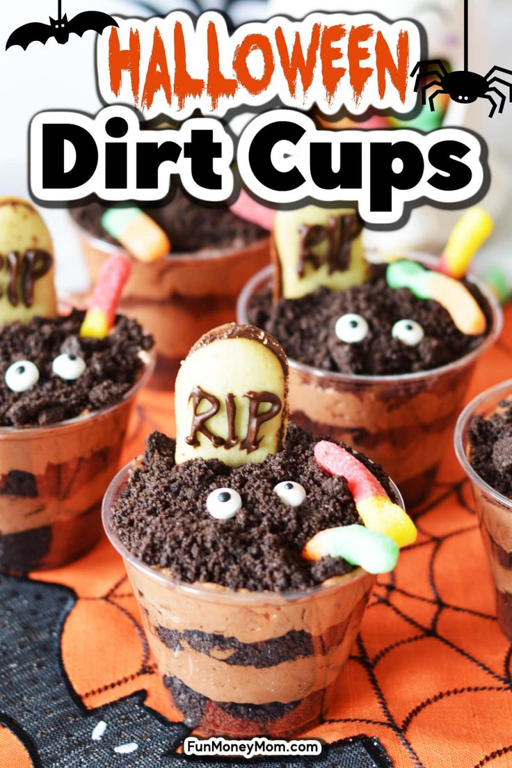 halloween dirt cups with chocolate pudding and candy in them