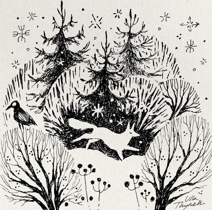 a black and white drawing of two birds flying over trees with snowflakes in the background