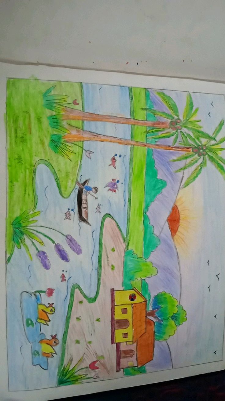 a drawing of a tropical scene with palm trees