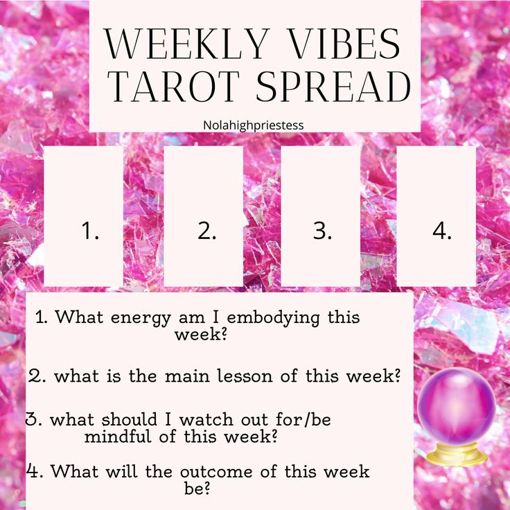 a pink background with text that reads weekly vibes tarot spread 1 what energy am i em bodying this week? 2 what is the main lesson out