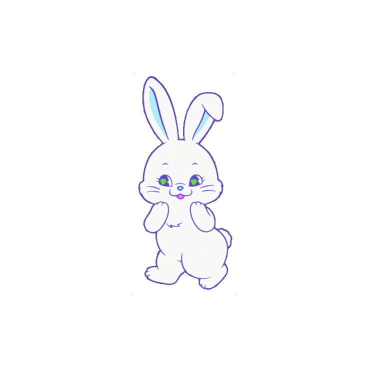 a drawing of a white rabbit with blue eyes and ears, sitting in front of a white background