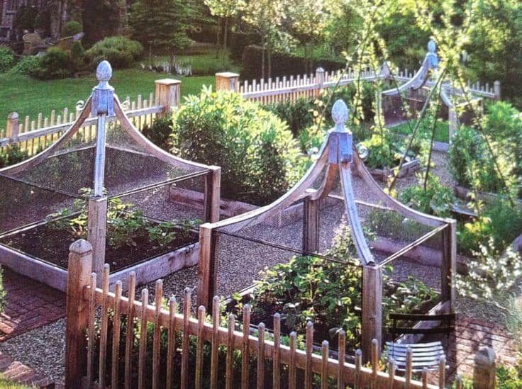 an aerial view of a garden with many different types of plants in the area and fence surrounding it