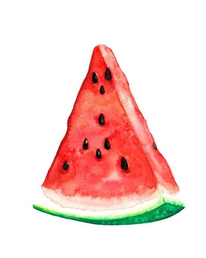 a watermelon slice on a white background with black dots in the top corner