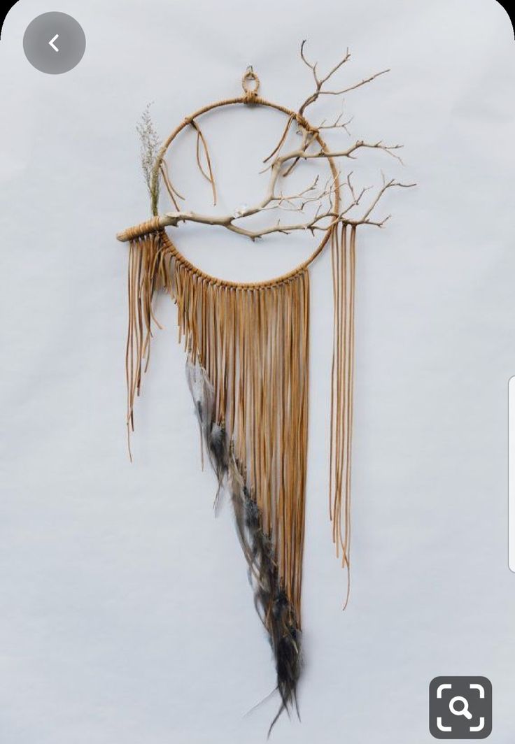 a piece of art that looks like a dream catcher with feathers and branches on it