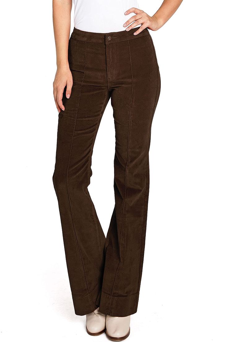 High-rise, slim-fit corduroy flares with retro pin tuck seams down the center. Comfortable and stretchy. Classic zip fly and button closure with pockets on the back. Looks great dressed up with heels and a crop knit! CARE | Machine Wash Cold Inside Out CONTENTS | 98% Cotton, 2% Spandex MEASUREMENTS | 43"/109 cm Top to Bottom 33"/84 cm Inseam 10"/25 cm Rise (Size 26/3) MODEL | 5'8 - wearing a size 26/3 IMPORTED Fall High-waisted Fitted Flare Jeans, Fitted High-waisted Flare Jeans For Fall, Stretch Flare Corduroy Bottoms, Stretch Corduroy Flare Bottoms, Flare Corduroy Bottoms For Spring, Flared Corduroy Bottoms For Spring, Spring Flare Corduroy Bottoms, Spring Flared Corduroy Bottoms, Fitted Flare Corduroy Pants