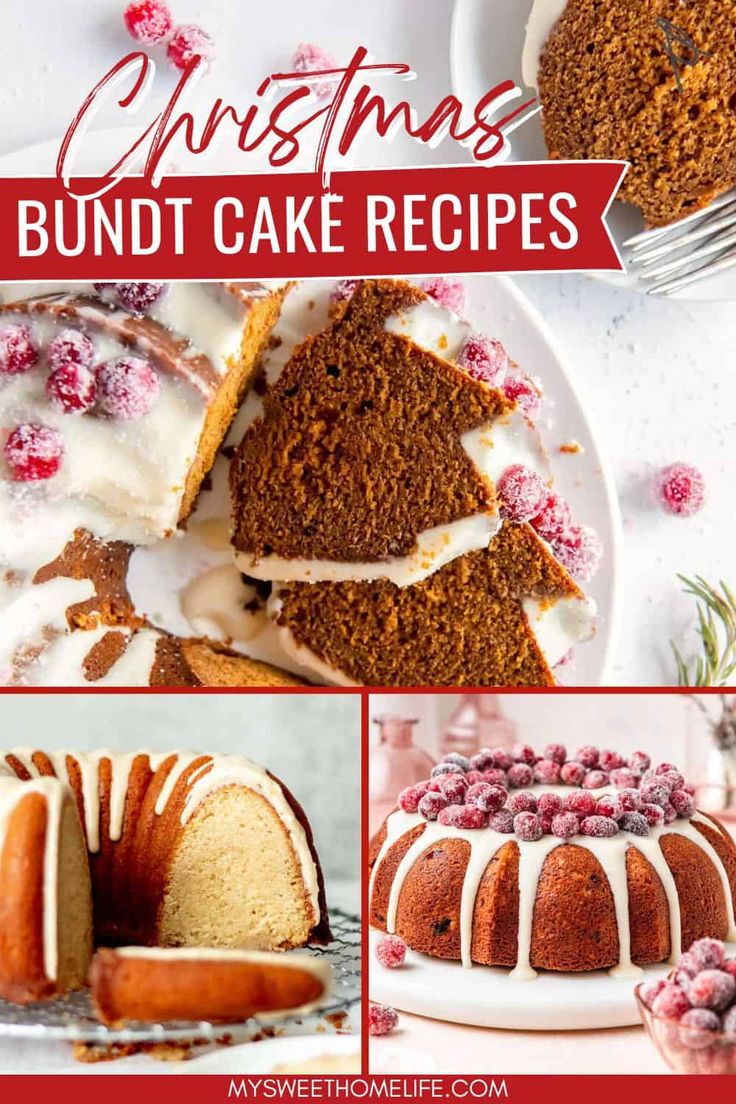 christmas bundt cake recipe collage with images overlaying the top and bottom