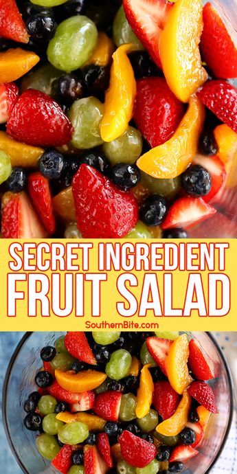 fruit salad in a glass bowl with the words secret ingredient fruit salad on top and below