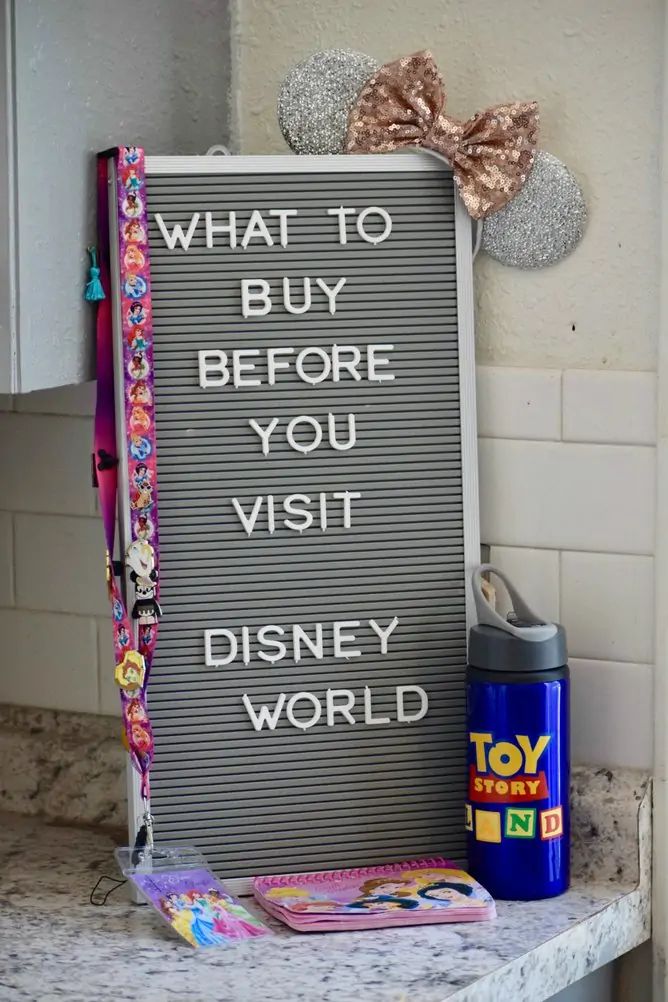 a sign that says what to buy before you visit disney world next to a toy story book