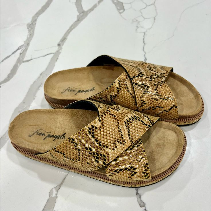 Like New Free People Sidelines Footbed Snake Sandals . Never Worn Out Of The House Beige Open Toe Sandals With Textured Footbed, Brown Footbed Sandals With Removable Insole For Beach, Gold Open Toe Footbed Sandals For Beach, Casual Gold Footbed Sandals For Beach, Brown Cushioned Footbed Sandals For Vacation, Gold Slide Footbed Sandals For Beach, Gold Textured Footbed Sandals For The Beach, Comfortable Gold Open Toe Sandals, Trendy Brown Footbed Sandals With Textured Footbed