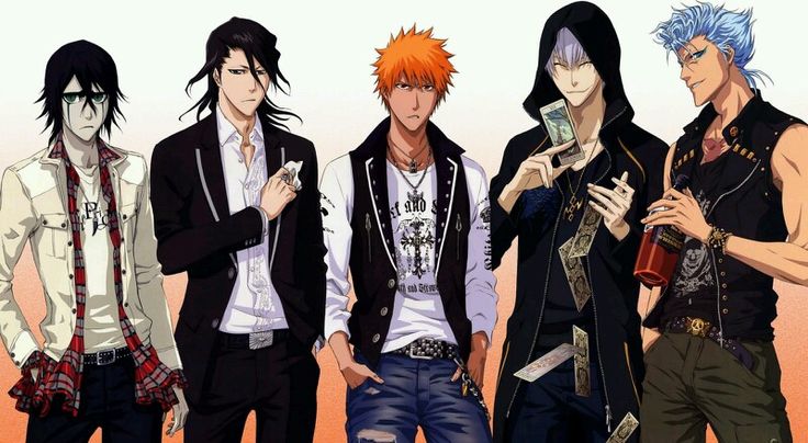 four male anime characters standing next to each other with their cell phones in their hands