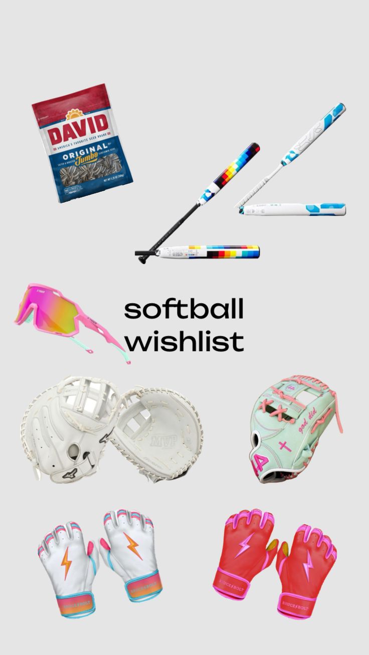 baseball equipment including gloves, mitts, and ball caps with the words softball visnilist written below it