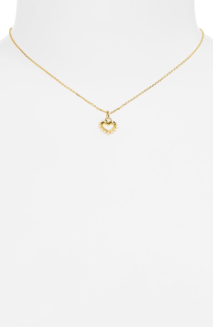 Sweeten any outfit with this rose goldtone necklace suspending a heart pendant enriched by a bezel-set crystal framed by dainty imitation pearls. 16" length; 3" extender; 1/4" diameter pendant Lobster clasp closure Rose goldtone plate/acrylic imitation pearl/glass Imported Kate Spade Necklace Spade, Katespade Necklace, Pearl Crystal, Mini Heart, Cream And Gold, Heart Pendant Necklace, Bezel Setting, Kate Spade New York, A Heart