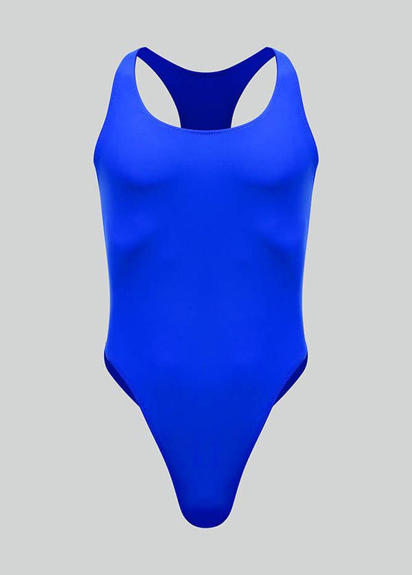 a women's blue swimsuit on a gray background