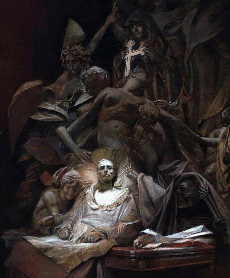 a painting of a man surrounded by other people and skulls on a table with a cross in the background