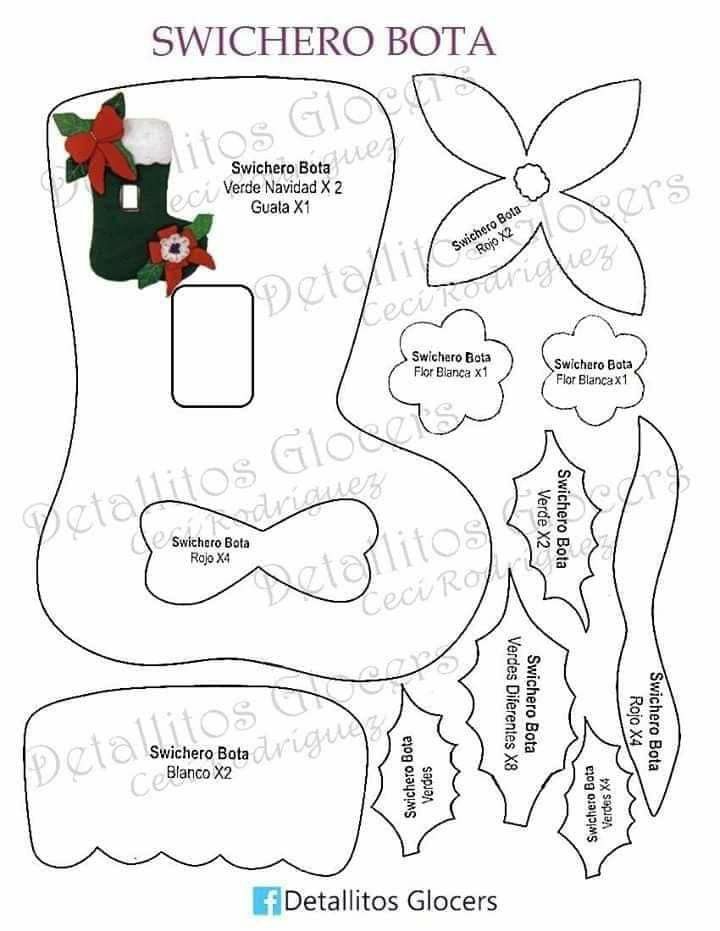 the sewing pattern for a christmas stocking boot with bows and stockings on it's sides