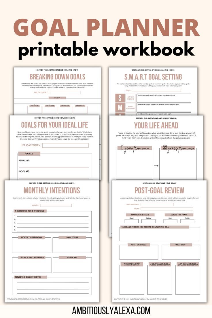 the goal planner printable workbook with text overlaying it and three images