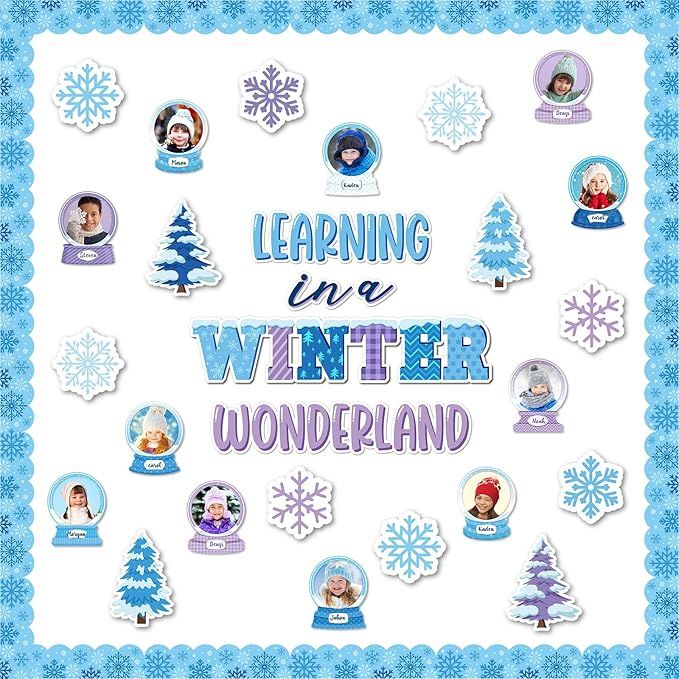 a poster with the words learning in a winter wonderland surrounded by snowflakes and trees