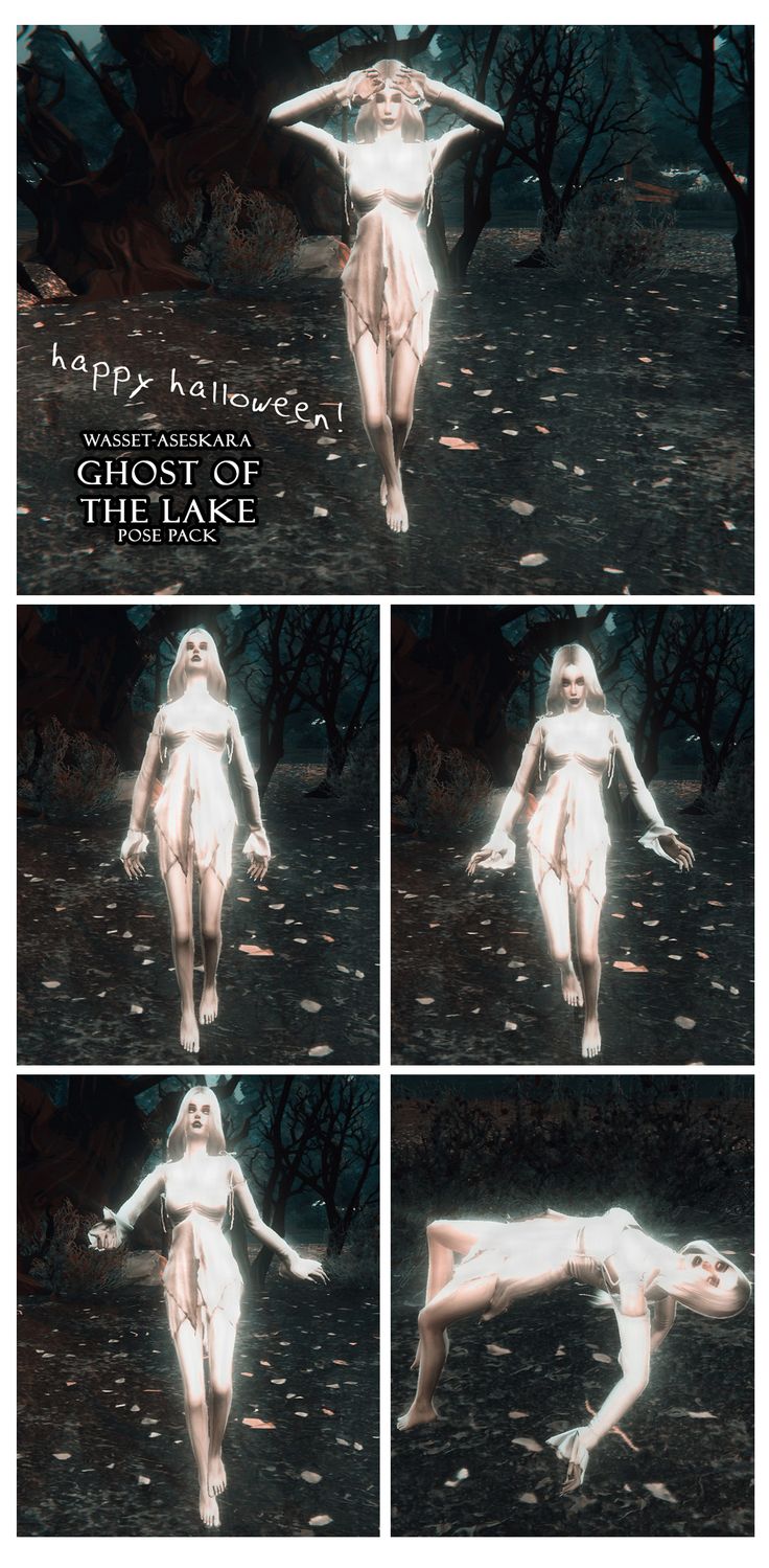 four different images of a woman walking in the woods with her arms outstretched and legs spread out