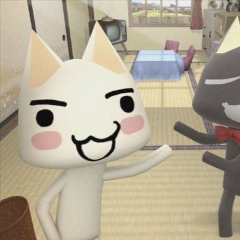 two animated cats are standing in a room