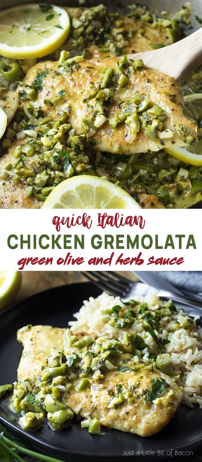 chicken gremolata with green olives and artichoke sauce in a skillet