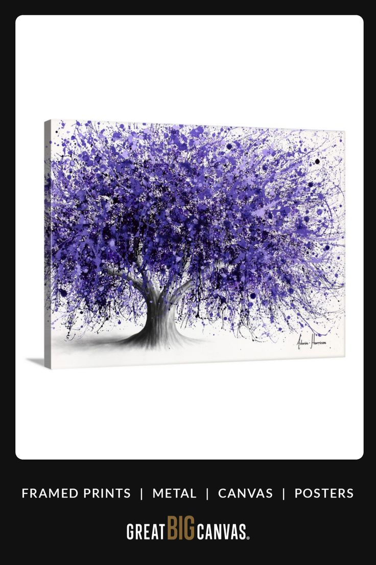 a purple tree with lots of leaves on it in front of a black and white background