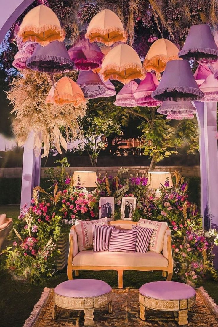 Seating lounge with multi-hued lanterns, lush foliage & florals at an Indian wedding Mehendi Decor Ideas, Haldi Decor, Mehendi Decor, Best Wedding Colors, Wedding Background Decoration, Mandap Decor, Wedding Planning Decor, Desi Wedding Decor, Mehndi Decor