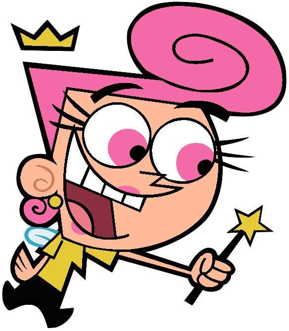 a cartoon character with pink hair and big eyes holding a wand in one hand while wearing a crown on top of her head