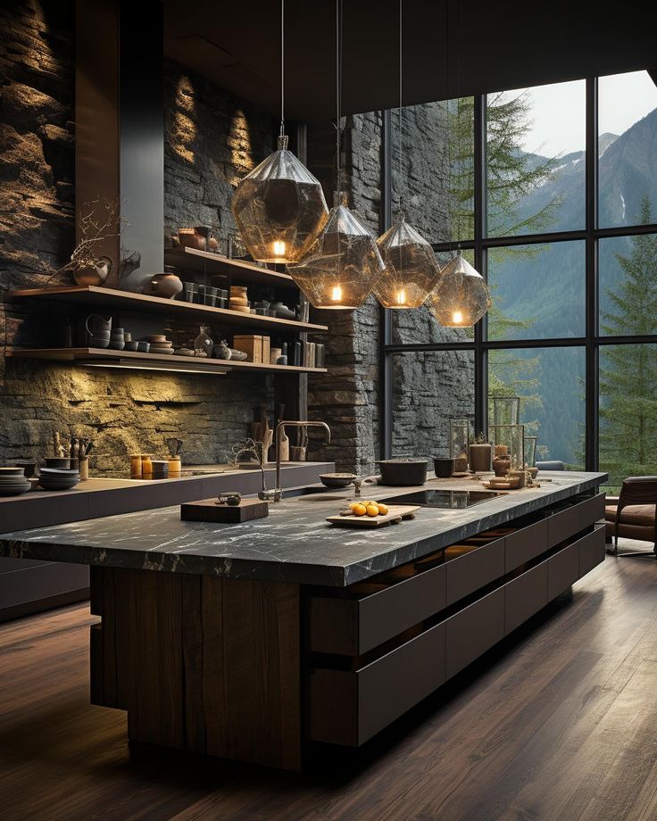 a large kitchen with wooden floors and stone walls