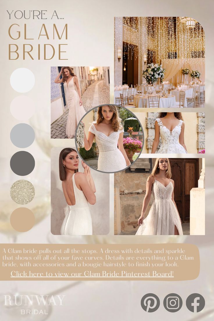 an advertisement for a bridal wedding dress shop featuring images of the bride and groom