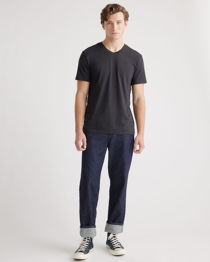 Upgrade your wardrobe basics with our Cotton Modal Crew Neck Tees. This super-soft blend of cotton and modal is incredibly lightweight and breathable, making them ideal for layering yet substantial enough for wearing on their own. Whether you're heading to work, lounging at home, or going out for a night on the town, these classic tees complete any outfit.  | Quince | Men's Cotton Modal V-Neck T-Shirt in Black, Size Large, Cotton/Modal Navy Gifts, Tommy John, Classic Wardrobe Staples, Wardrobe Basics, Quality T Shirts, Crew Neck Tee, Black Charcoal, V Neck Tee, Quince