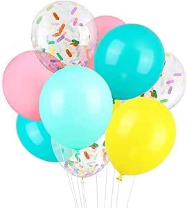 a bunch of balloons with confetti and sprinkles